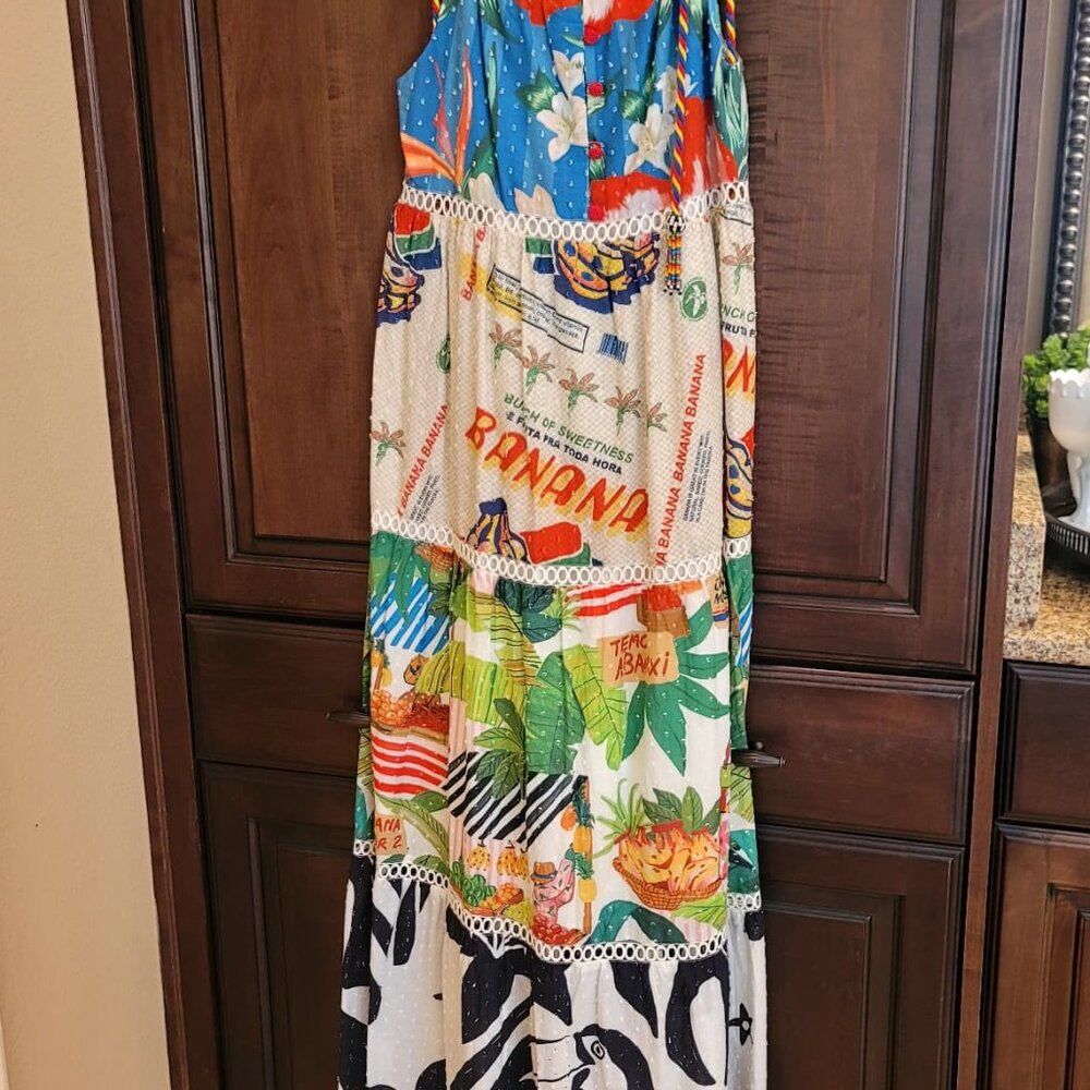 Farm Rio Maxi Dress L Tiered Banana Floral Tropical Beaded Rope Straps